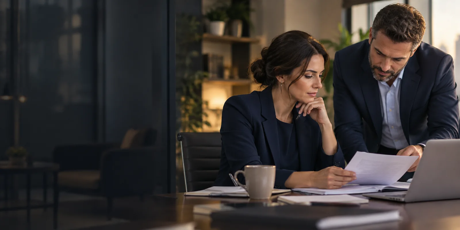 An accountant reviewing paperwork with a colleague in a calm office
