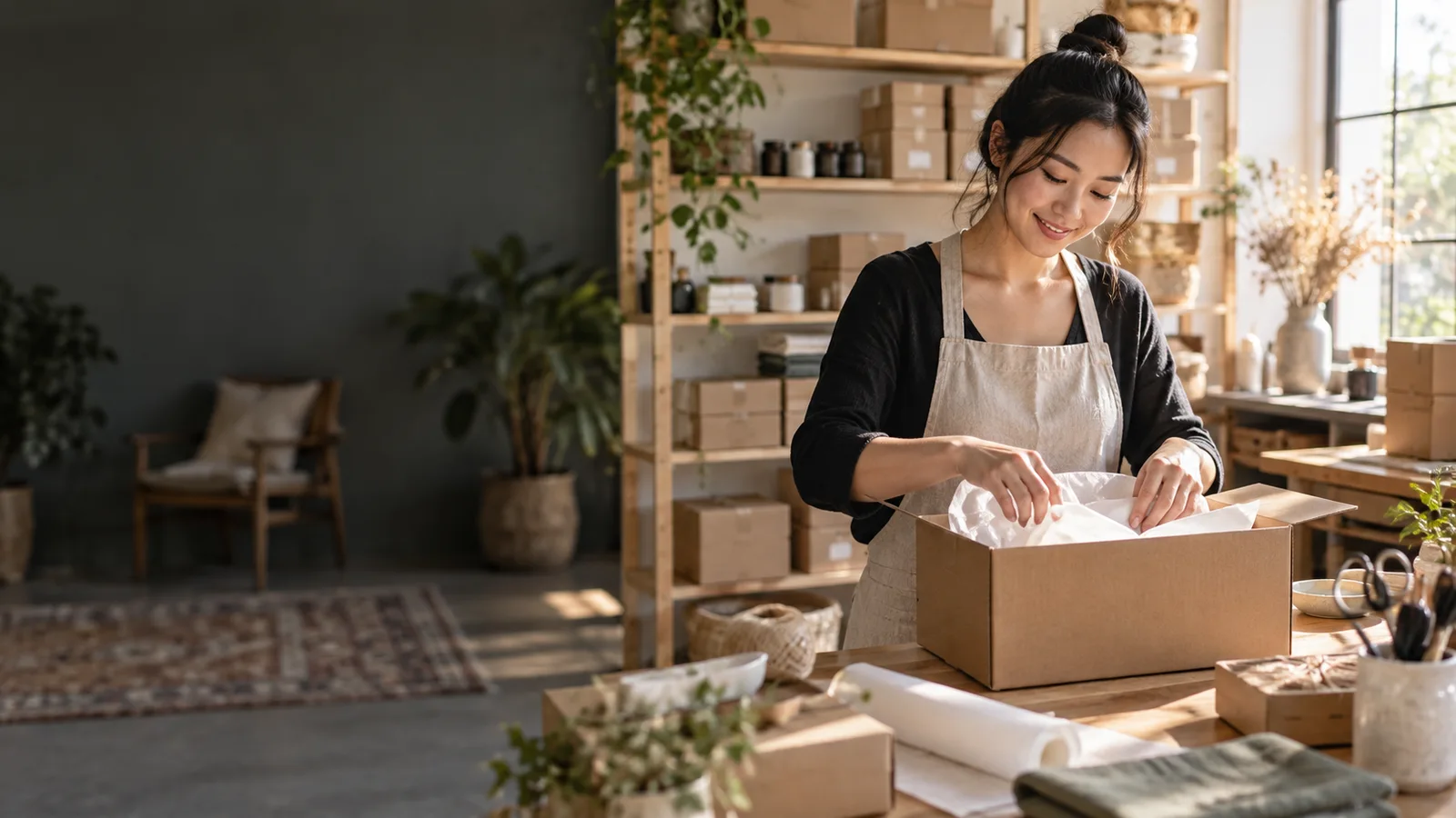 An ecommerce business owner packing customer orders in a small studio