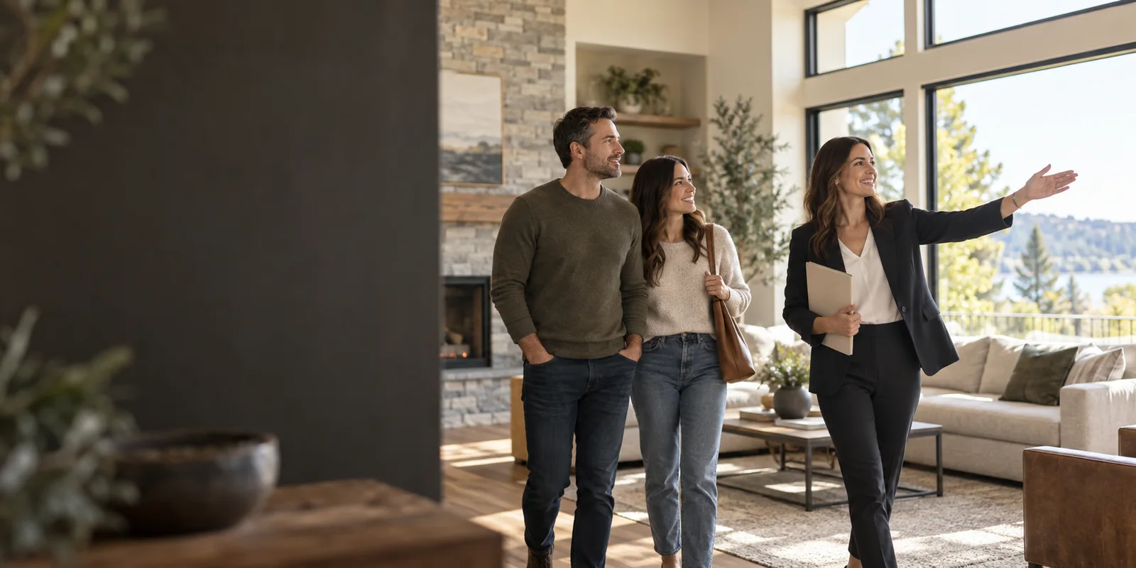 A real estate professional showing a bright home to prospective buyers