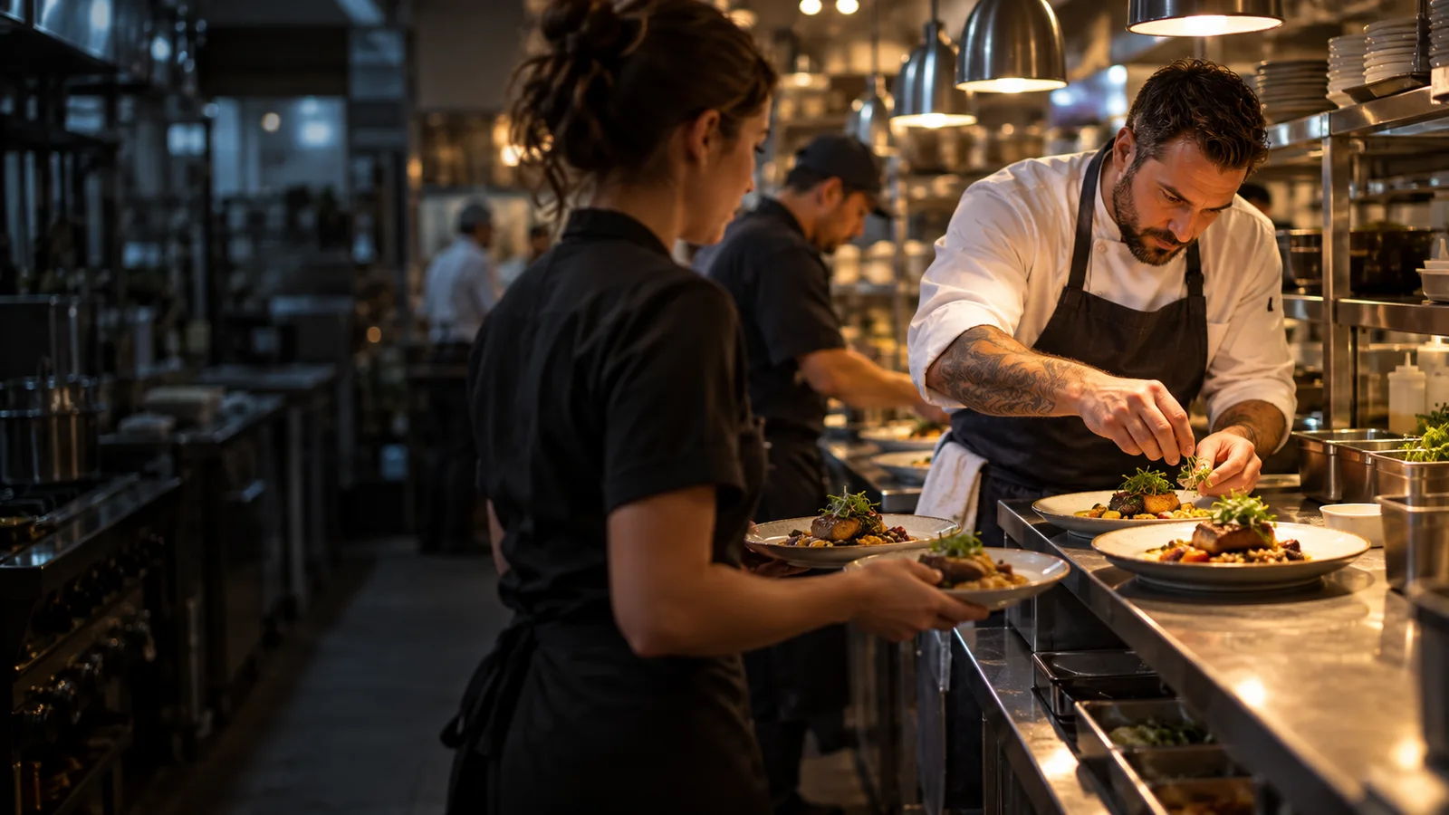 A restaurant chef preparing food in a busy open kitchen