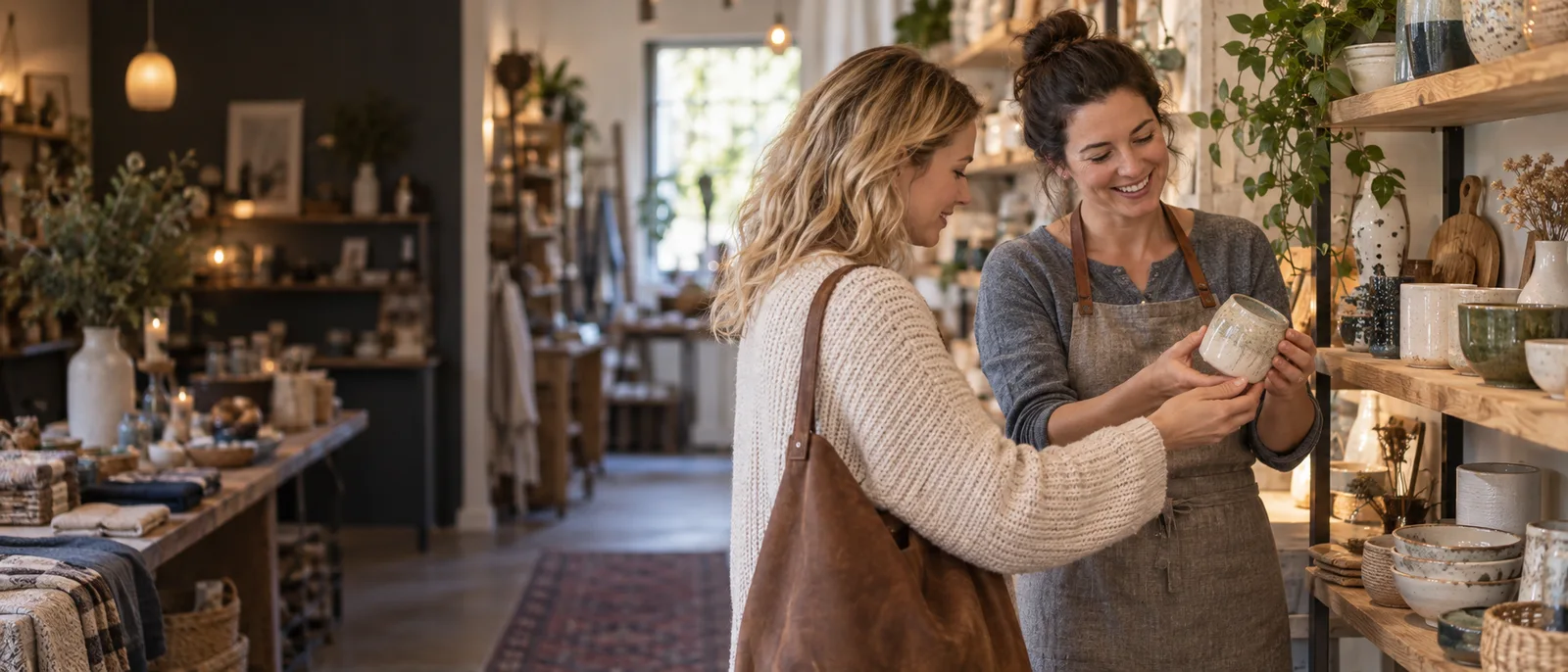 An independent shop owner helping a customer choose a gift