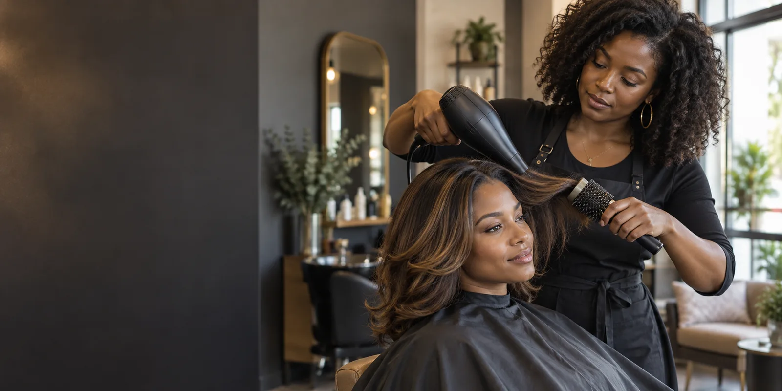 A hair stylist carefully finishing a client’s hair in a sunlit salon